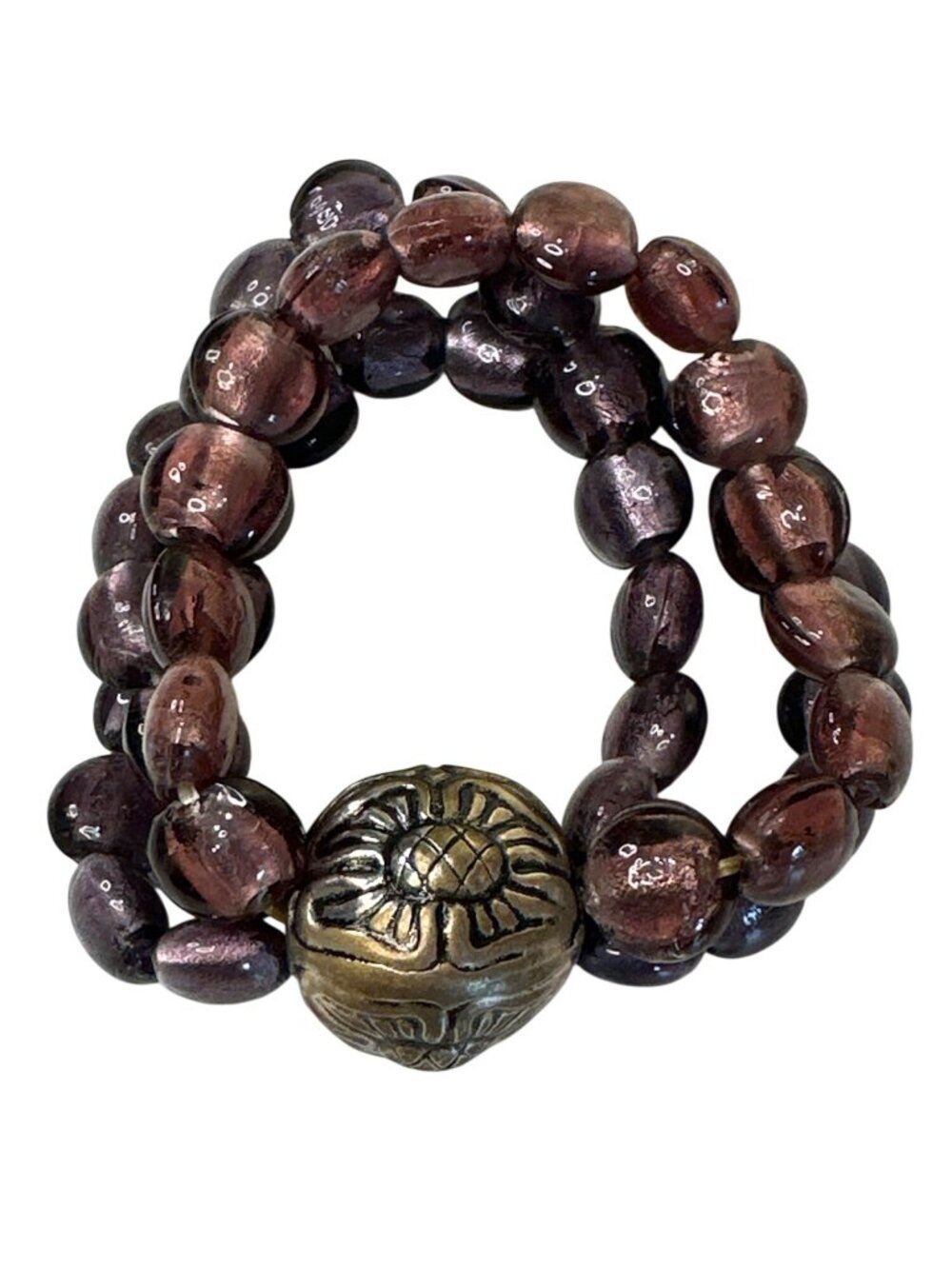 Stretch Bracelet Vintage-Inspired Purple Bronze Beaded Ornate Bead Boho Chunky
